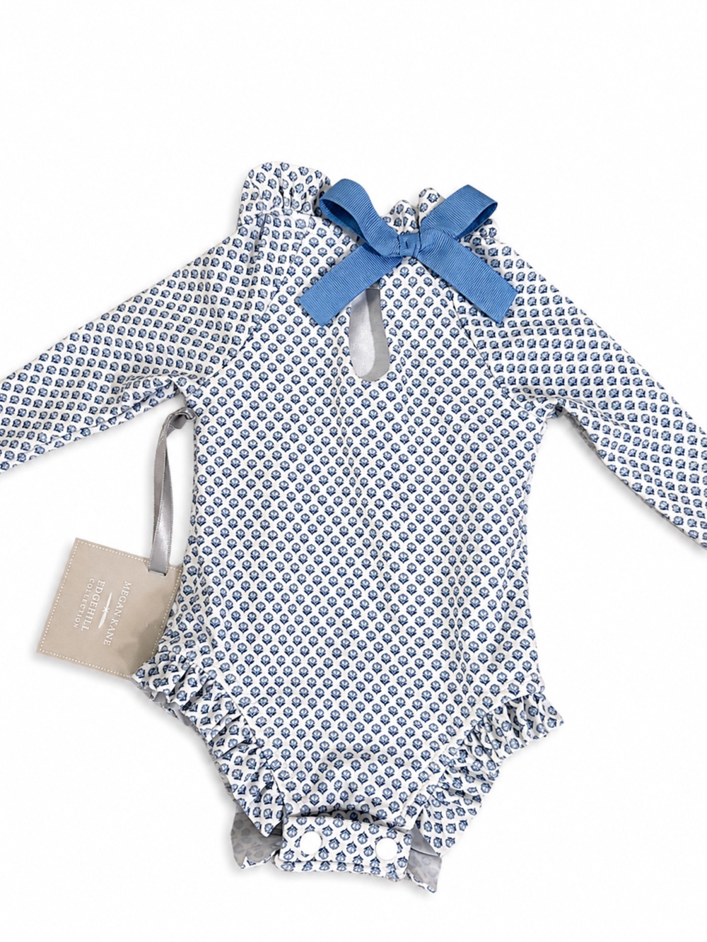 Edgehill Collection Blue and White Patterned Girls Diaper Cover with Bow